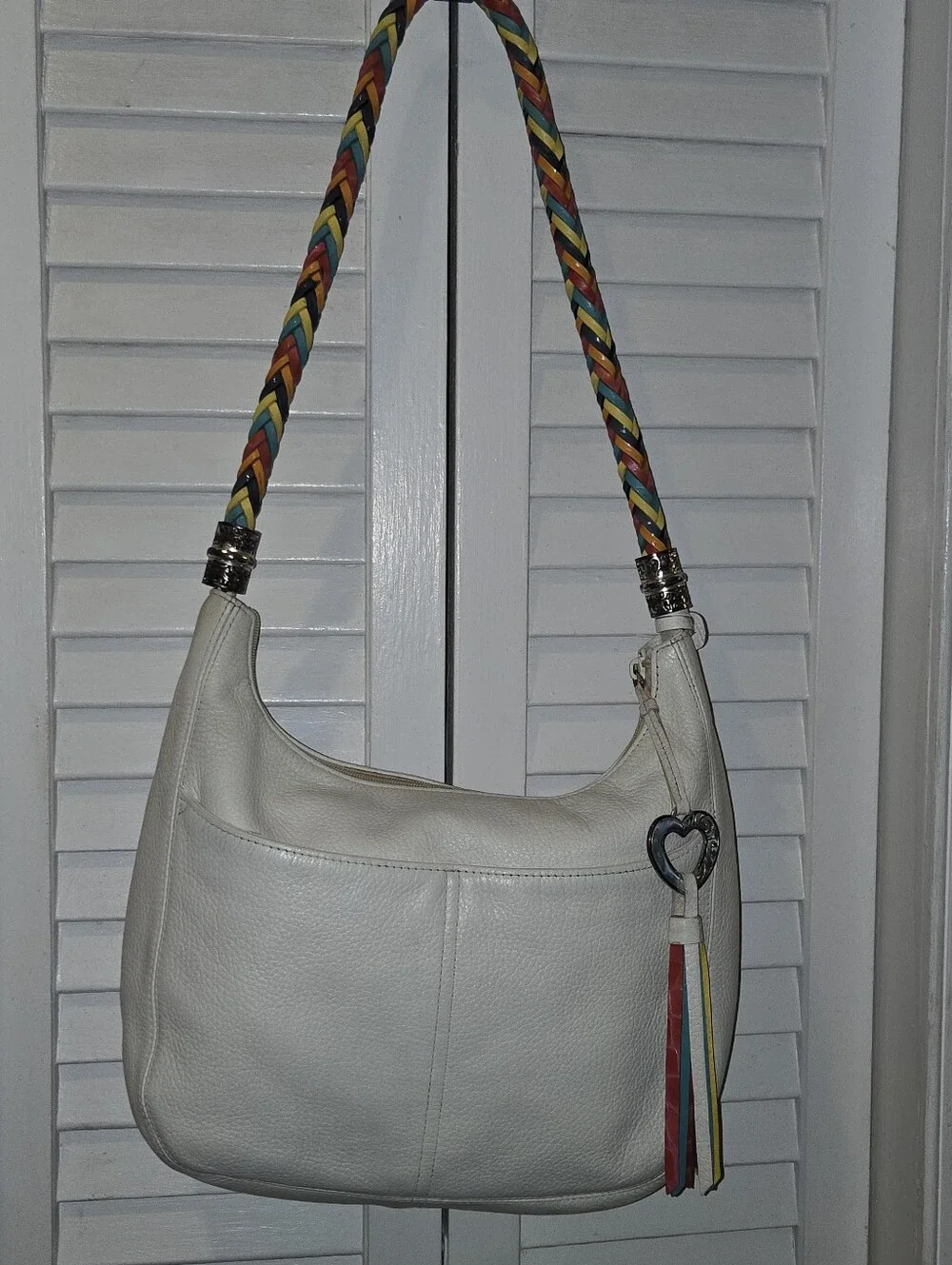 Brighton White Pebble Leather Hobo Shoulder Bag Rainbow Braided Strap